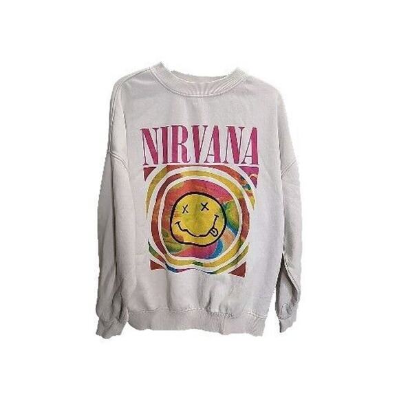 NIRVANA Tops - Nirvana Smiley Face Sweatshirt; Aesthetic White Rainbow Unisex Sweatshirt
